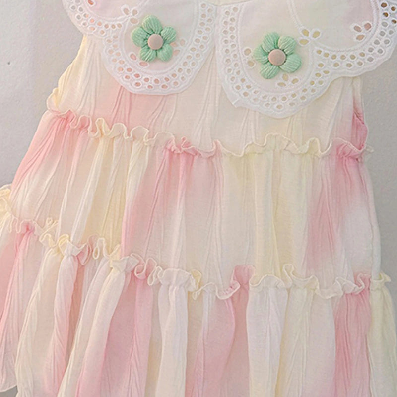 Girls Pink Tie-Dye Schiffli Dress with Peter Pan Collar Casual Dresses