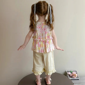 Girls Pink Ruffle Peplum Top With Crop Pants Sets Sets