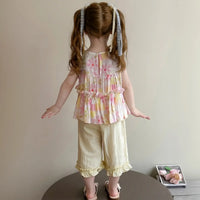 Girls Pink Ruffle Peplum Top With Crop Pants Sets Sets
