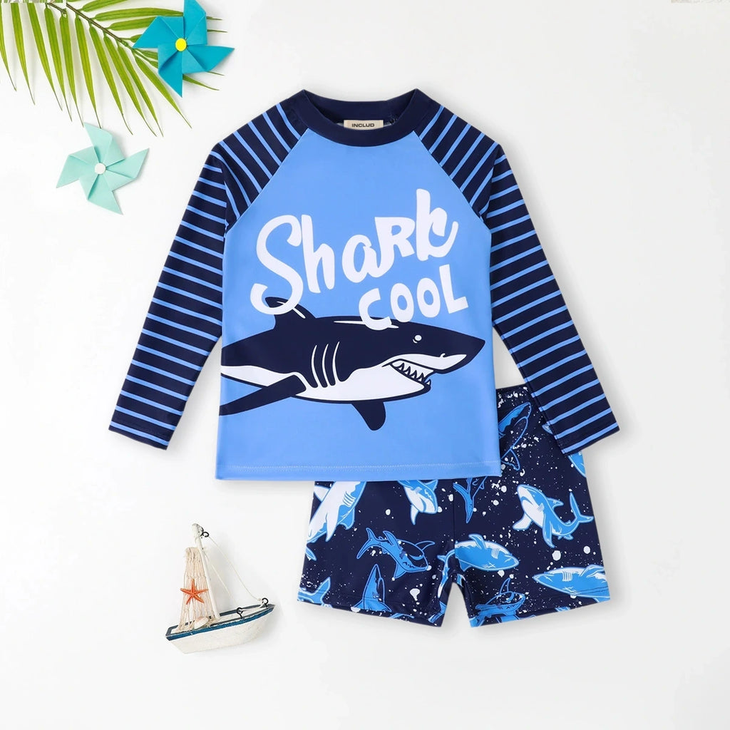 Boys Blue Shark Printed T-Shirt With Shorts Swimwear Sets Sets Blue 3-4 Y
