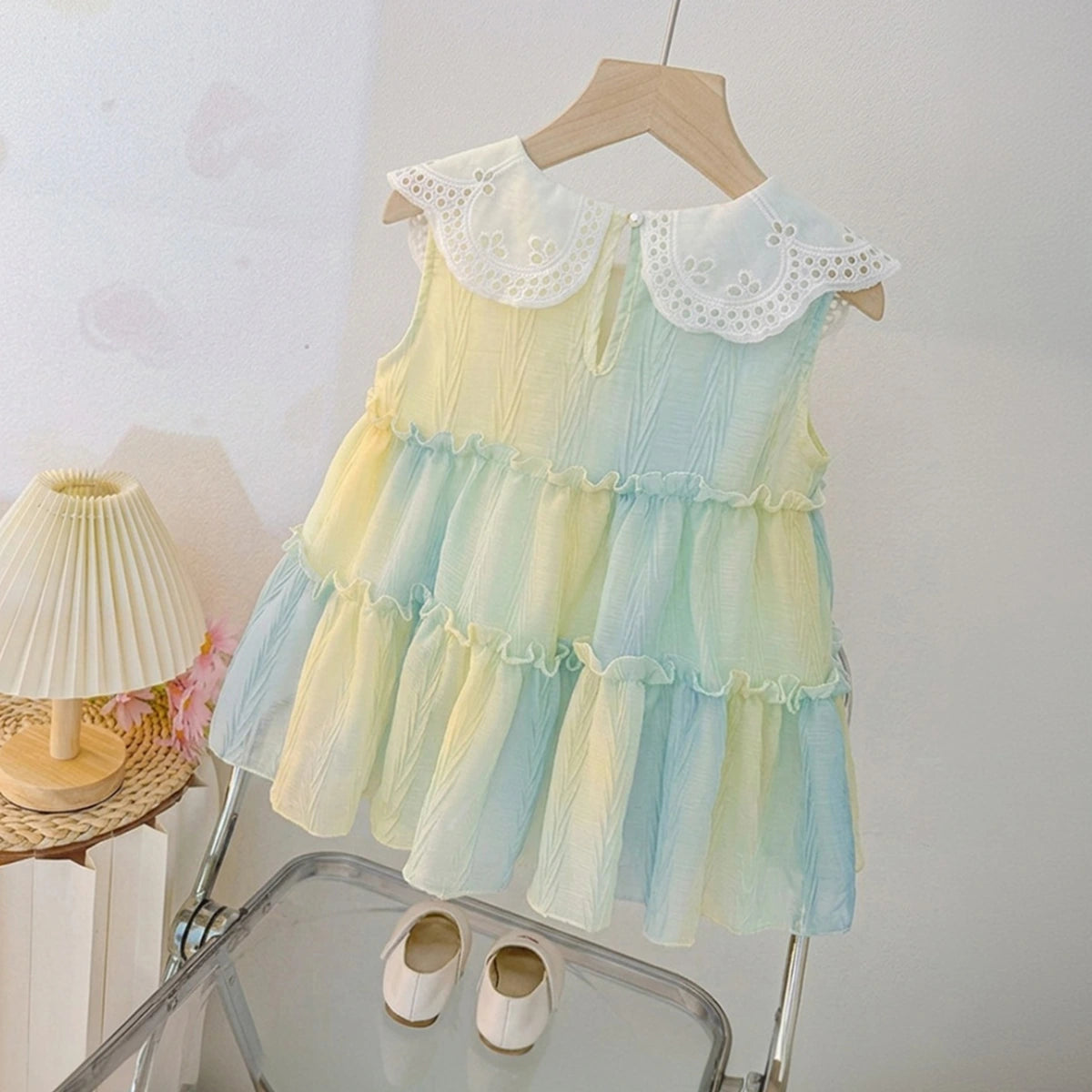 Girls Blue Tie-Dye Schiffli Dress with Peter Pan Collar Casual Dresses