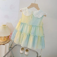 Girls Blue Tie-Dye Schiffli Dress with Peter Pan Collar Casual Dresses