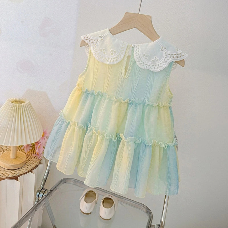 Girls Blue Tie-Dye Schiffli Dress with Peter Pan Collar Casual Dresses