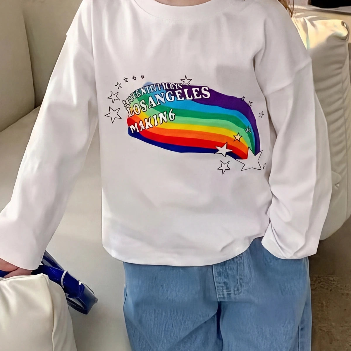 Girls White Typographic Print Long Sleeve T-Shirt With Denim Jeans Sets 2 pc. Sets