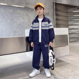 Boys Navy Blue Colorblocked Front Open Jacket With Pants Sets