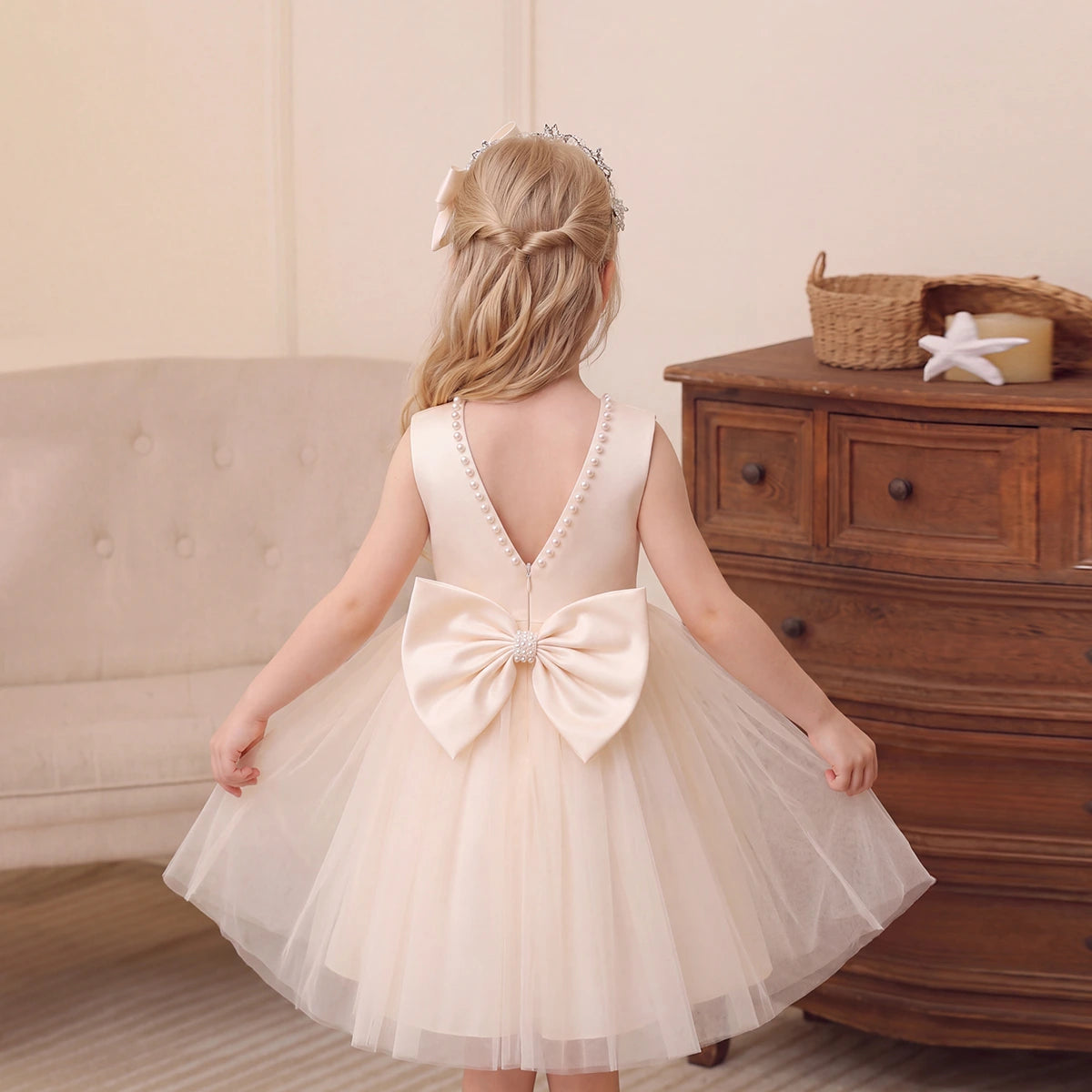 Girls Cream Beaded Neck Sleeveless Fit & Flare Party Dress Party Dresses