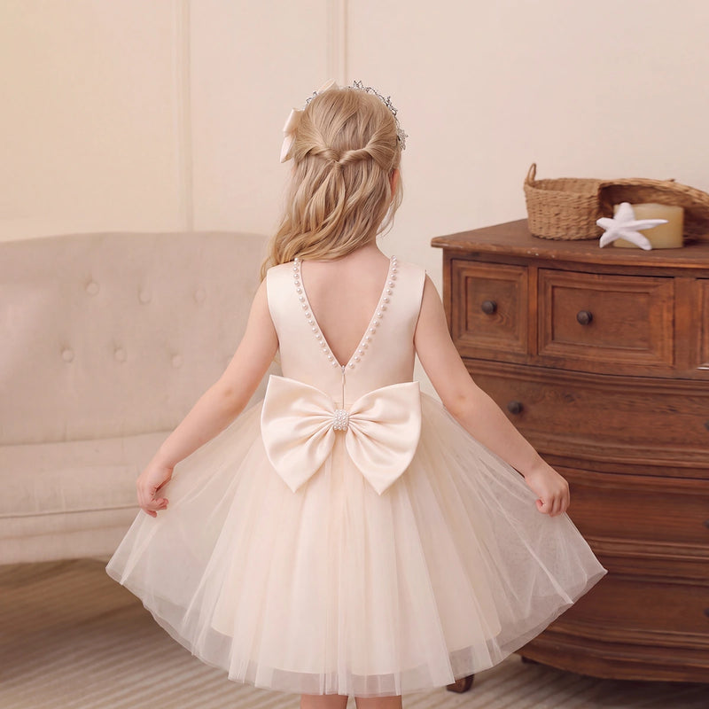 Girls Cream Beaded Neck Sleeveless Fit & Flare Party Dress Party Dresses