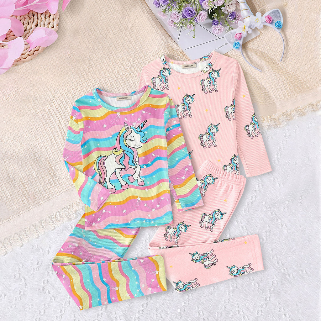 Girls Multicolor Unicorn Printed Top With Pajama Set ( Pack Of 2 ) Sets