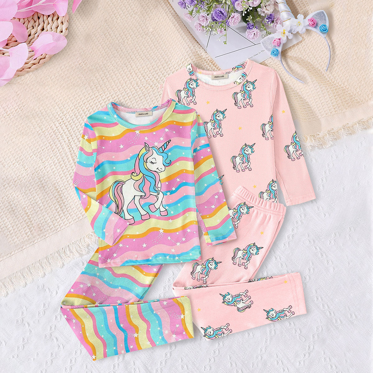 Girls Multicolor Unicorn Printed Top With Pajama Set ( Pack Of 2 ) Sets