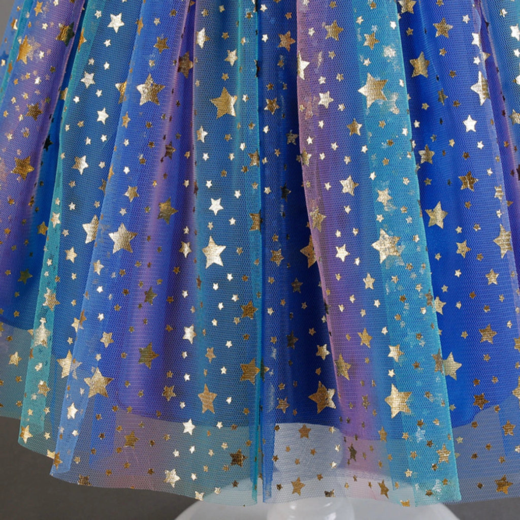 Girls Royal Blue Star Foil Print Sleeveless Fit & Flare Party Wear Dress Party Dresses