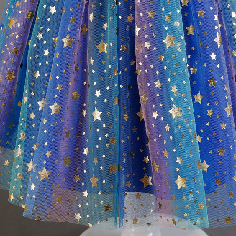 Girls Royal Blue Star Foil Print Sleeveless Fit & Flare Party Wear Dress Party Dresses