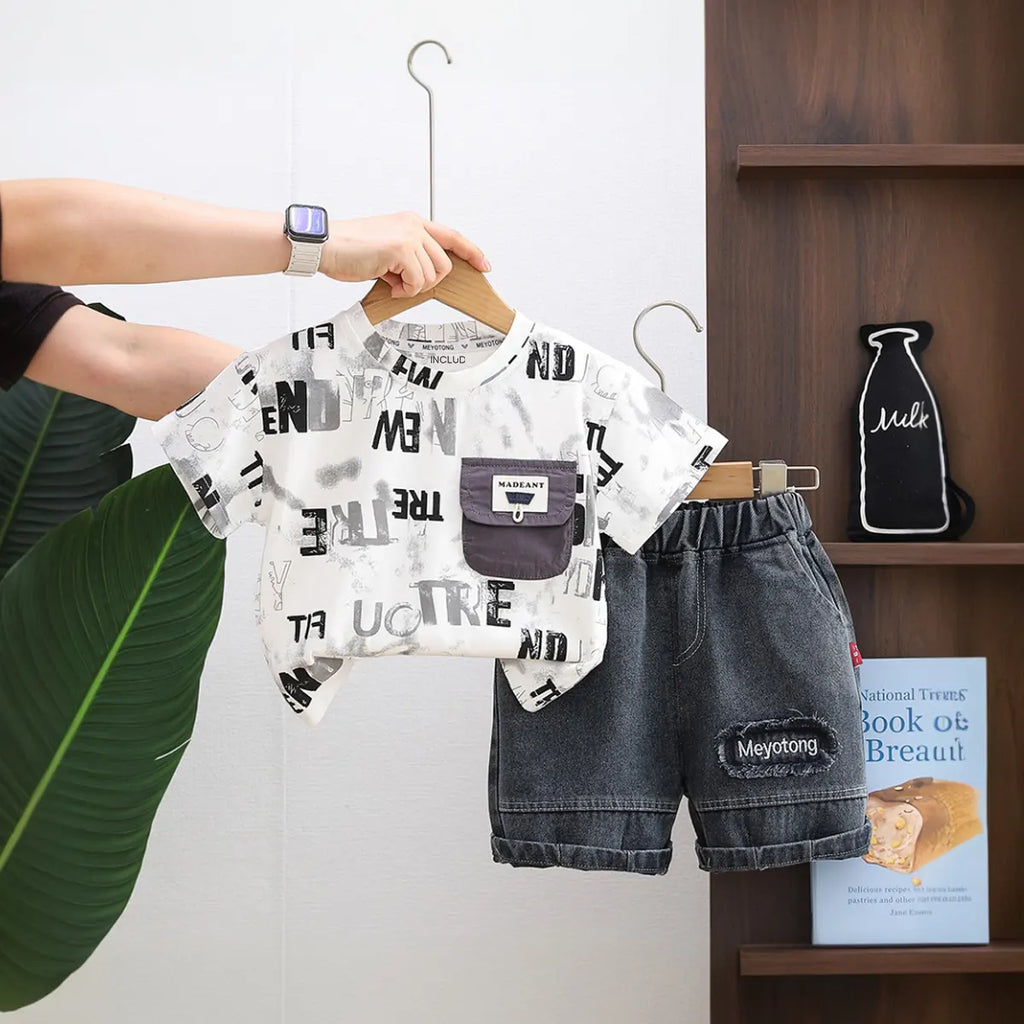 Boys White Typographic Print T-Shirt With Denim Shorts Set Sets White 1-2 Y