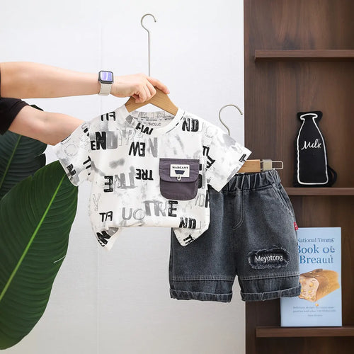 Boys White Typographic Print T-Shirt With Denim Shorts Set Sets White 1-2 Y