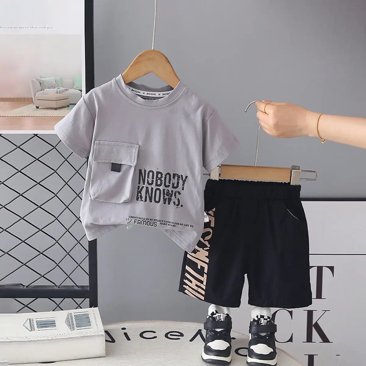 Boys Light Grey Typographic Printed Short Sleeve T-Shirt With Elasticated Shorts Sets Sets Light Grey 1-2 Y
