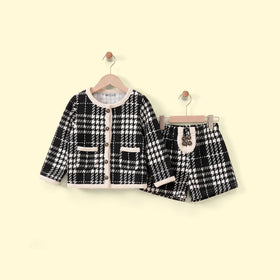 Girls Black Checked Long Sleeve Jacket With Shorts Sets 2 pc. Sets Black 1-2 Y