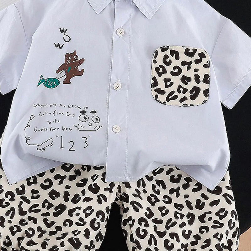 Boys Light Blue Animal Printed Shirt with Elasticated Shorts Sets 2 pc. Sets
