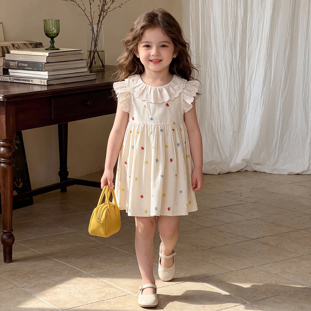 Girls Off White Floral Embroidered Flutter Sleeve A-line Dress Casual Dresses