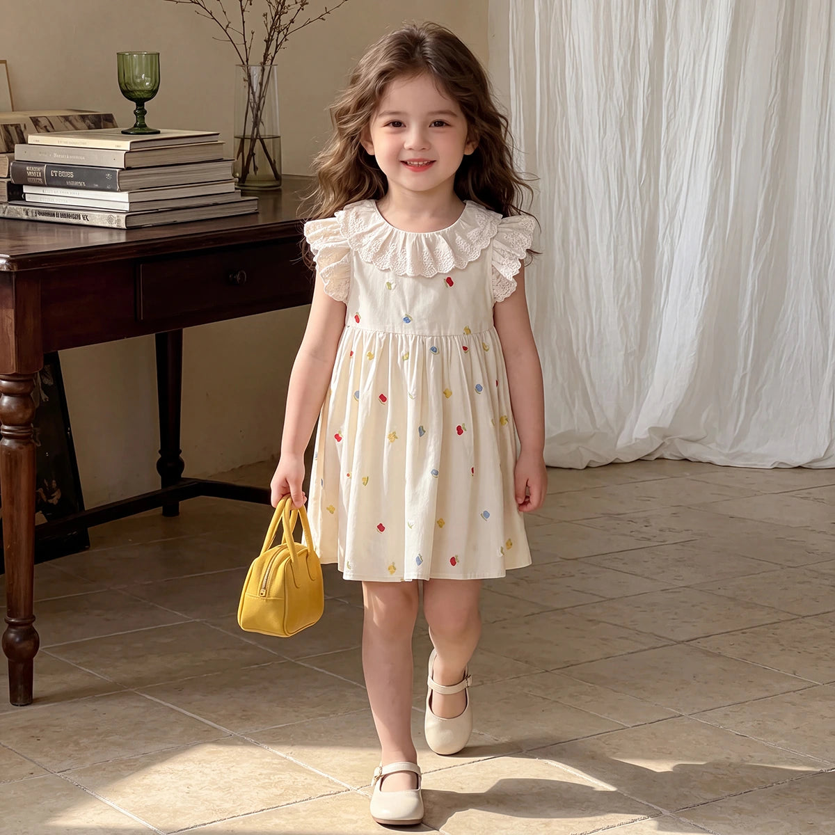 Girls Off White Floral Embroidered Flutter Sleeve A-line Dress Casual Dresses