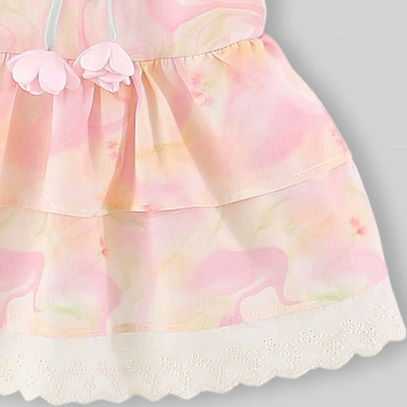 Girls Pink Floral Print Tiered Fit And Flare Dress Casual Dresses