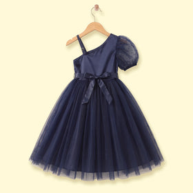 Girls Navy Blue One -Shoulder Fit & Flare Party Dress Party Dresses