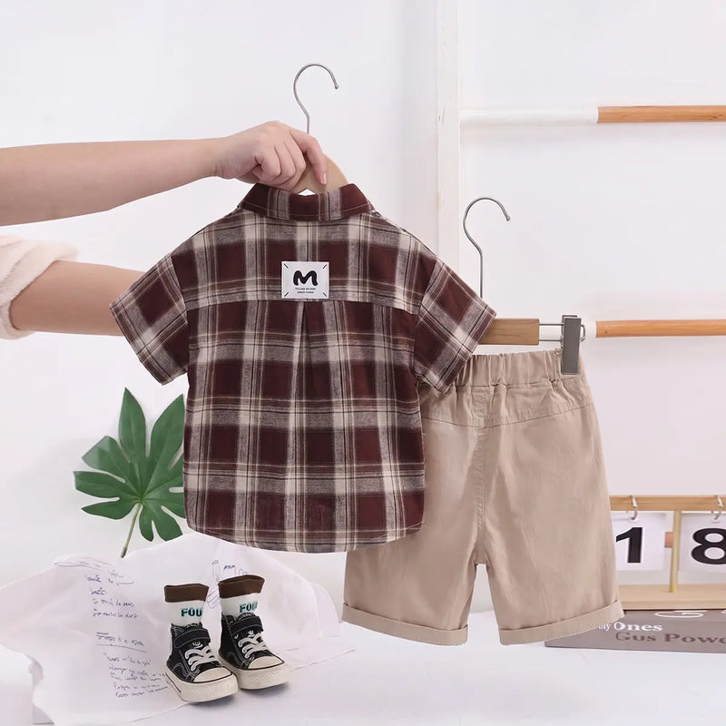 Boys Brown Checked Short Sleeve Shirt With Printed T-Shirt And Shorts Sets 3 pc. Sets
