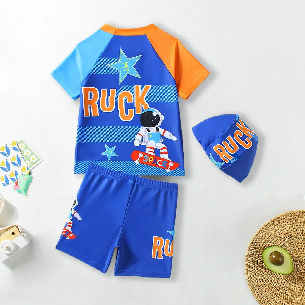 Boys Blue Space Themed Short Sleeves T-Shirt & Shorts Swimsuit Sets Sets