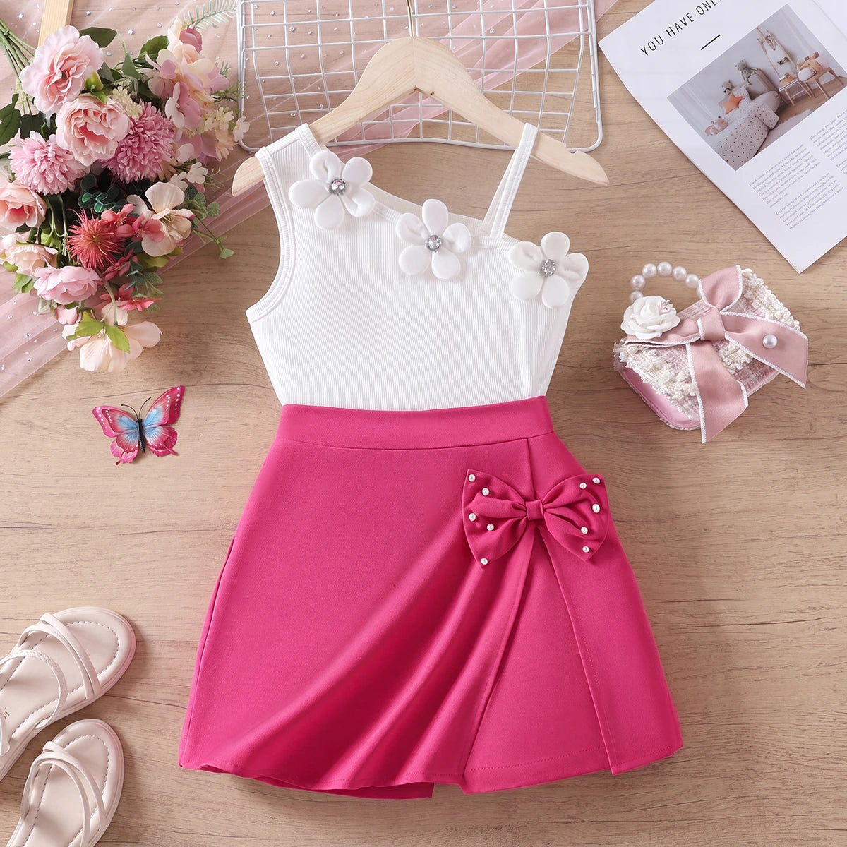 Girls White Floral Applique Ribbed Sleeveless Top With Shorts Sets 2 pc. Sets White 7-8 Y