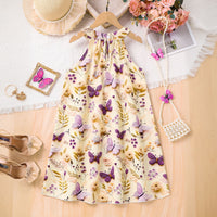 Girls Multicolor Butterfly Printed Halter Neck Sleeveless A-Line Dress Casual Dresses