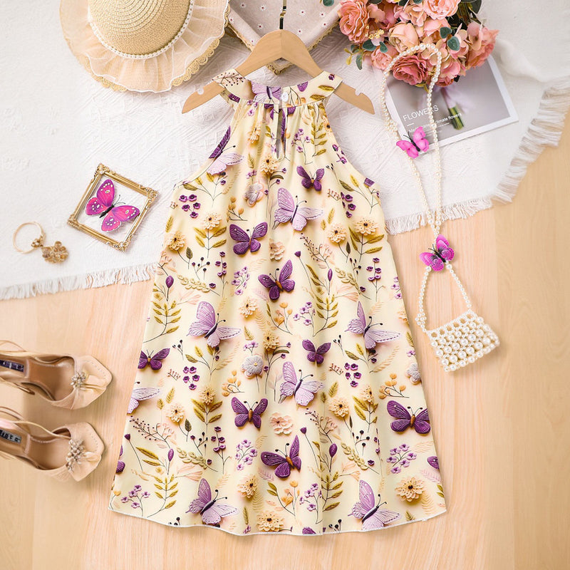 Girls Multicolor Butterfly Printed Halter Neck Sleeveless A-Line Dress Casual Dresses