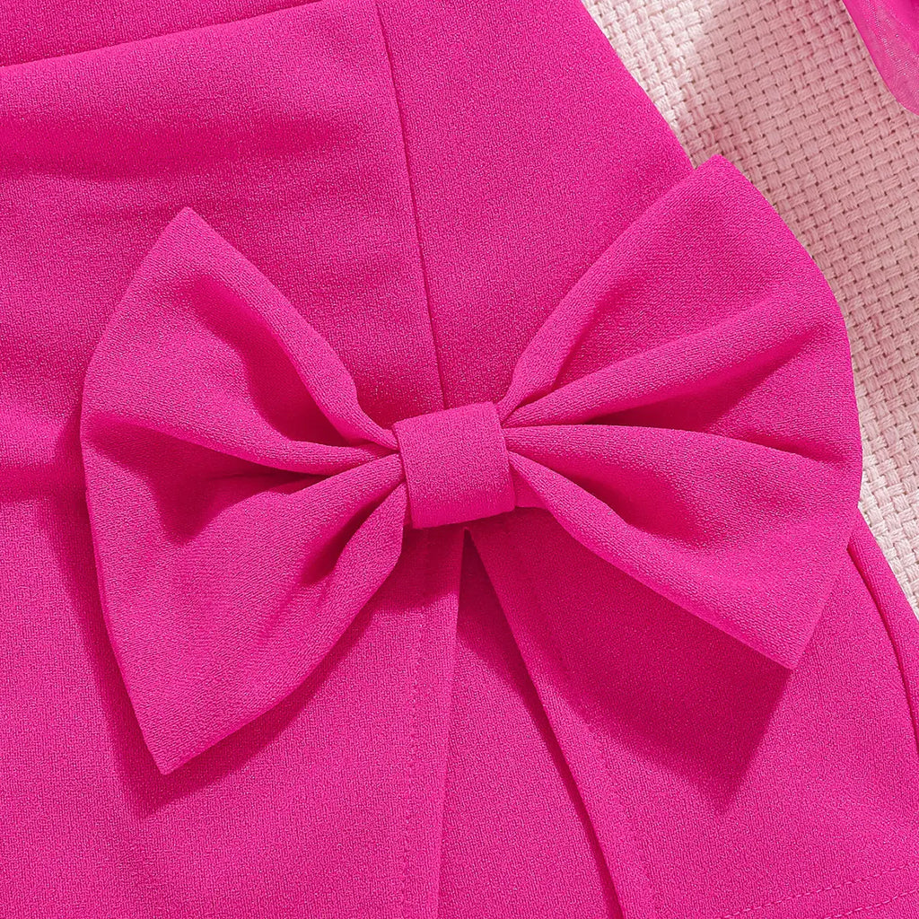 Girls Pink 3D Flower Applique Crop Top With Skorts &Sling Bag Sets Sets