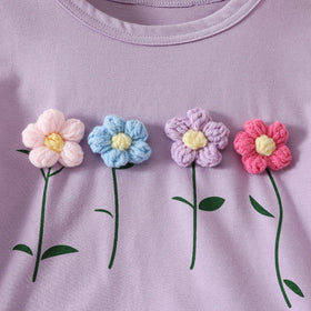 Girls Purple Flowers Applique T-Shirt With Embroidered Denim Shorts Set Sets