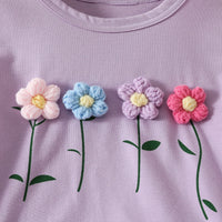 Girls Purple Flowers Applique T-Shirt With Embroidered Denim Shorts Set Sets