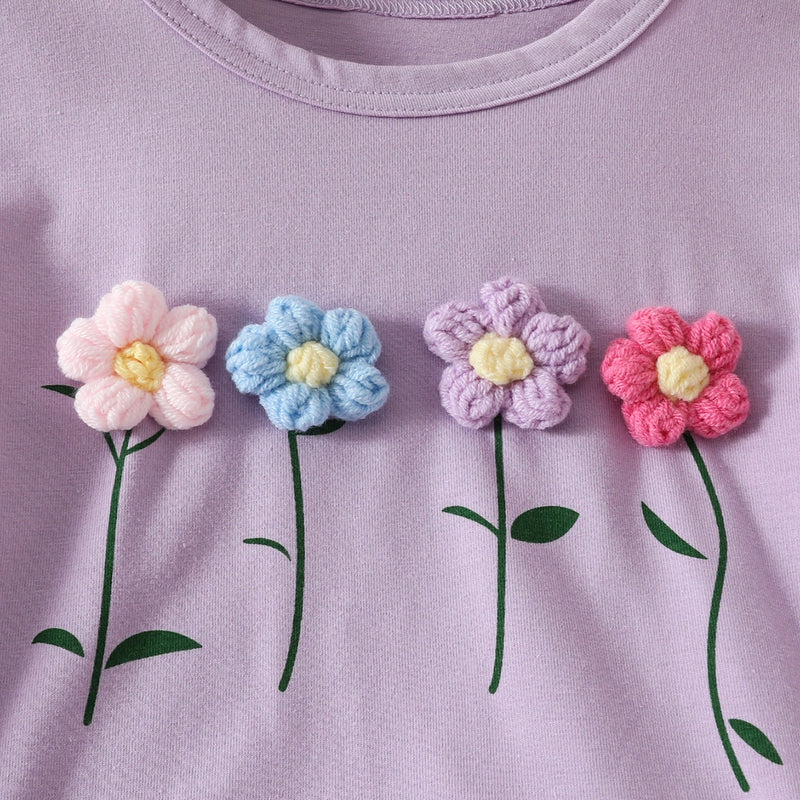 Girls Purple Flowers Applique T-Shirt With Embroidered Denim Shorts Set Sets