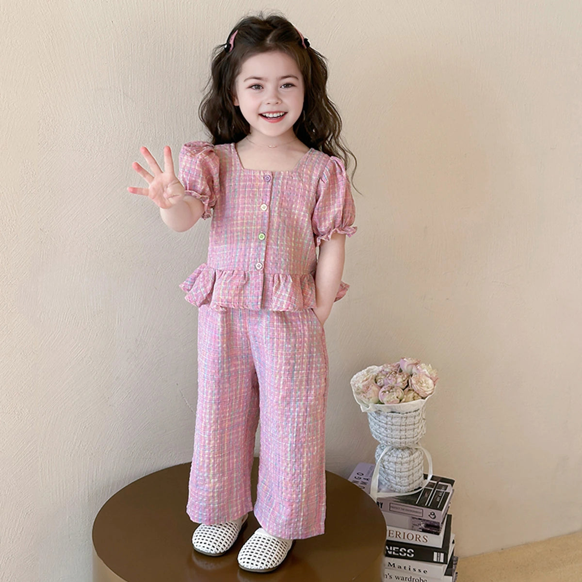 Girls Pink Checked Puff Sleeves Top With Pants Co-ord Sets Sets
