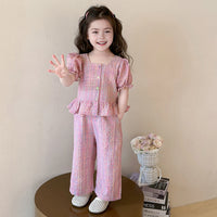 Girls Pink Checked Puff Sleeves Top With Pants Co-ord Sets Sets