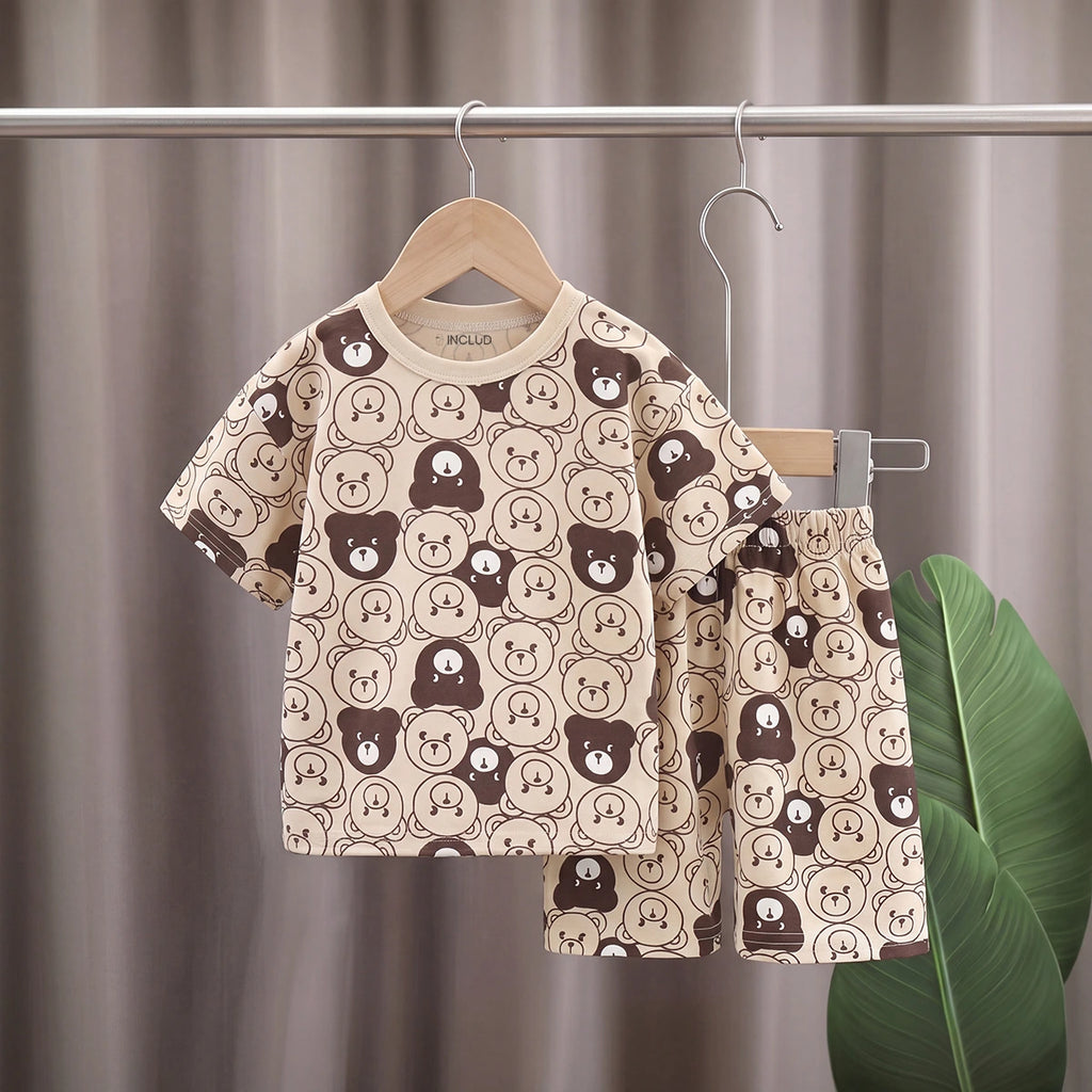 Boys Beige Short Sleeve Bear Print T-Shirt With Shorts Sets 2 pc. Sets Beige 1-2 Y