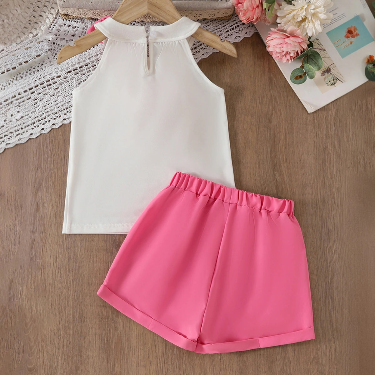 Girls 3D Flower Applique Halter Top With Pink Shorts Set Sets