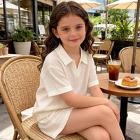 Girls Cream Textured Ribbed Polo T-Shirt With Shorts Sets 2 pc. Sets