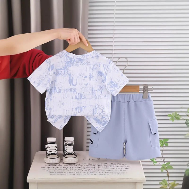 Boys Blue Printed Short Sleeve T-Shirt With Elasticated Shorts Sets 2 pc. Sets
