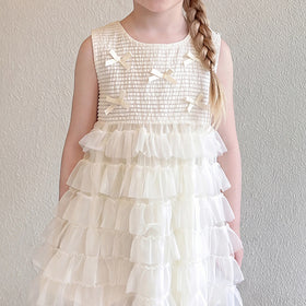Girls Cream Bow Applique Sleeveless Tiered Dress Casual Dresses