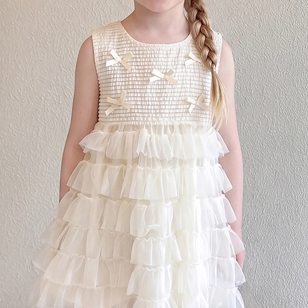 Girls Cream Bow Applique Sleeveless Tiered Dress Casual Dresses
