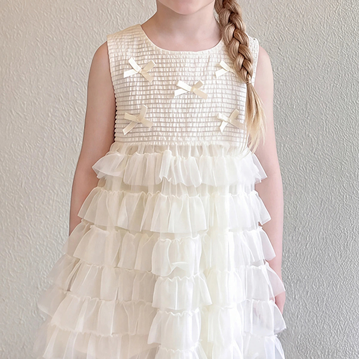 Girls Cream Bow Applique Sleeveless Tiered Dress Casual Dresses
