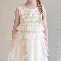 Girls Cream Bow Applique Sleeveless Tiered Dress Casual Dresses