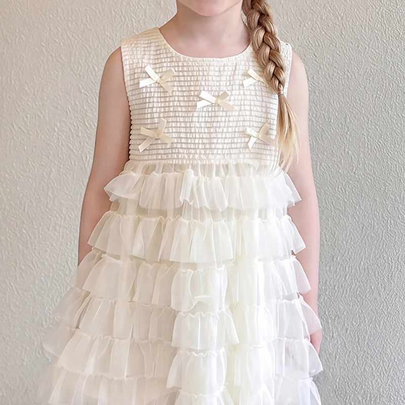 Girls Cream Bow Applique Sleeveless Tiered Dress Casual Dresses