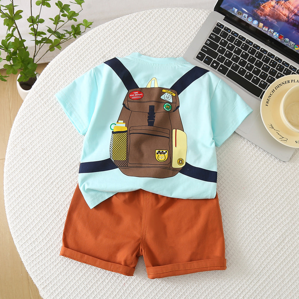 Boys Blue Backpack Printed T-shirt with Shorts Set Sets