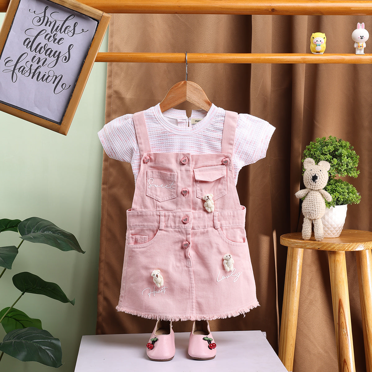 Girls Pink Embroidered Dungaree With Stripe T-Shirt Sets 2 pc. Sets Pink 12-18 M
