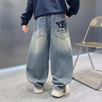 Boys Light Blue Embroidered Loose Fit Denim Jeans Pants
