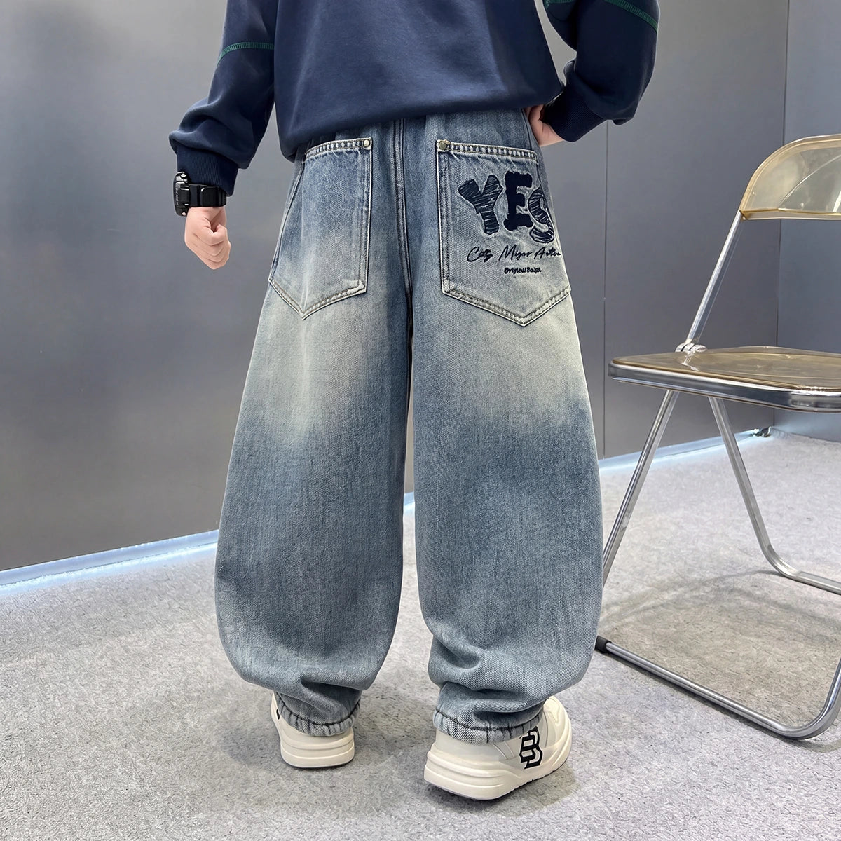 Boys Light Blue Embroidered Loose Fit Denim Jeans Pants