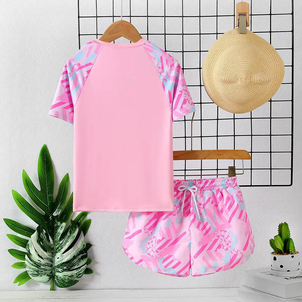 Girls Pink Abstract Printed Long Sleeves T-Shirt & Shorts Swimsuit Sets Sets