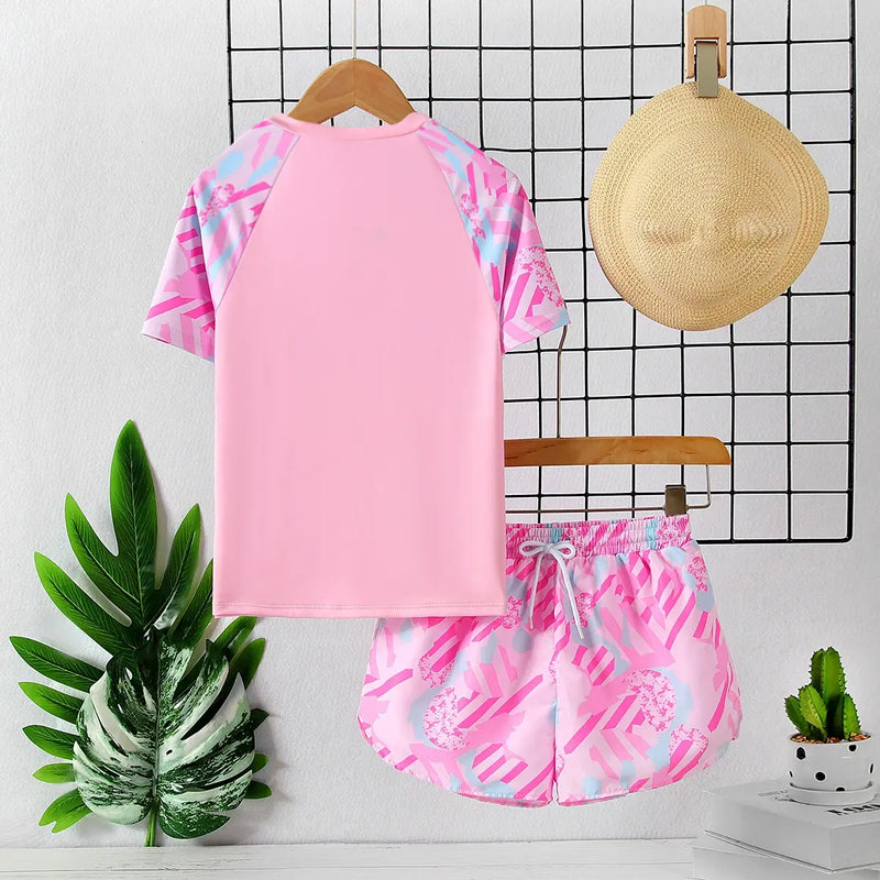 Girls Pink Abstract Printed Long Sleeves T-Shirt & Shorts Swimsuit Sets Sets